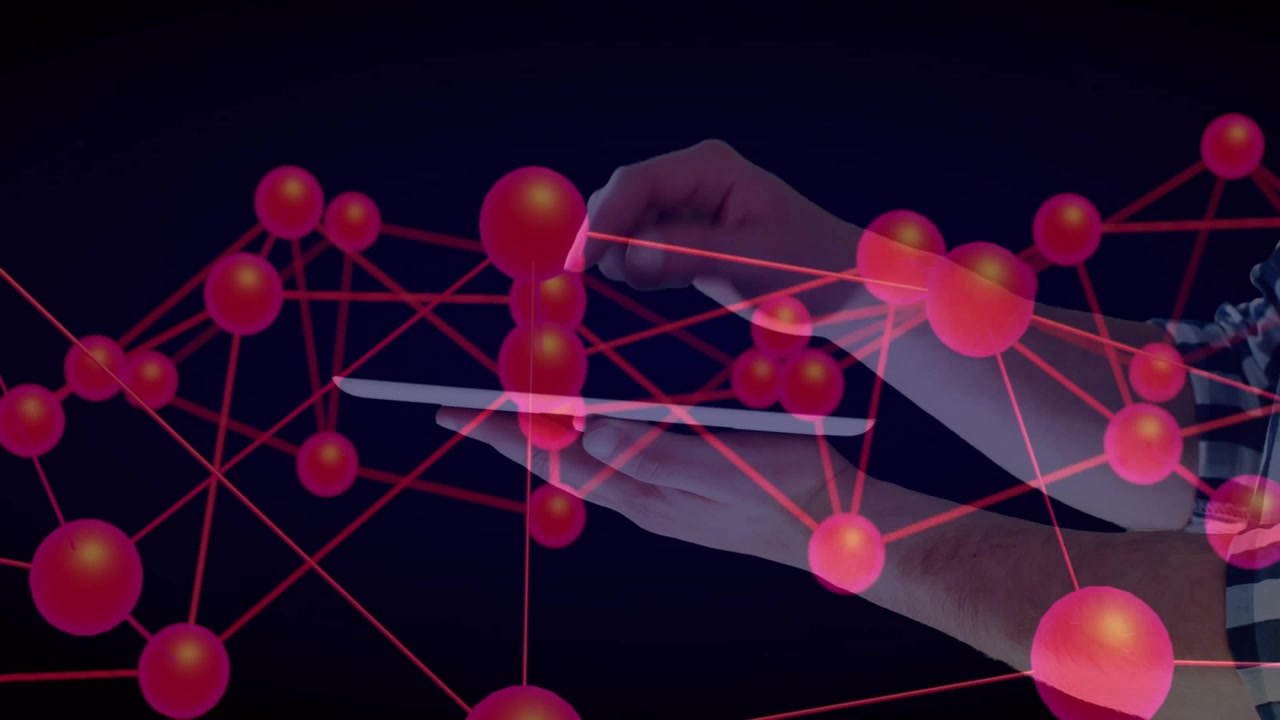 Right hand moving closer and gesturing, activating red node network over white tablet for tech demo