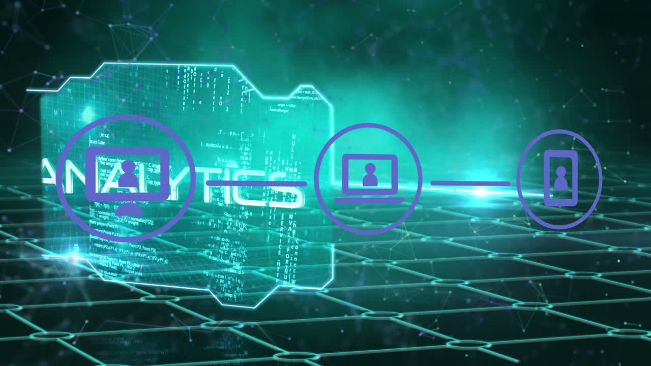 Animation of media icons and shapes on black background