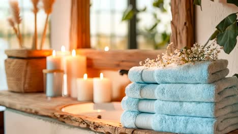 a stack of towels sitting on top of a wooden shelf next to a sink