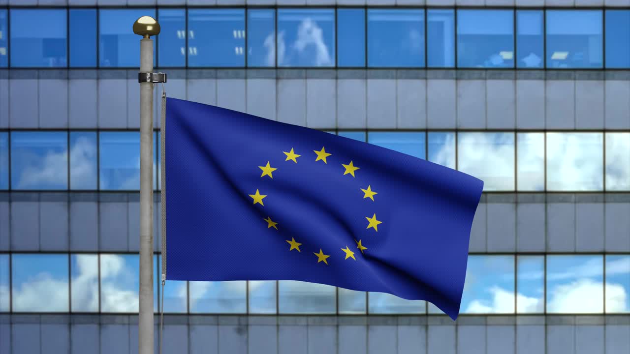 ilustración en 3d de la bandera de la unión europea en la ciudad del rascacielos.