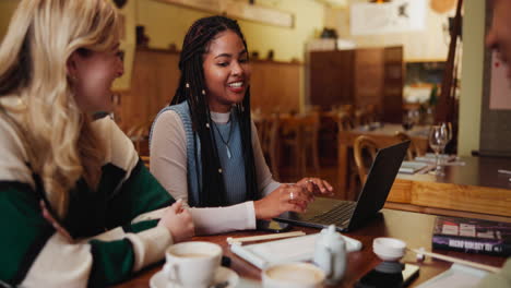 two women working on a laptop in a cafe