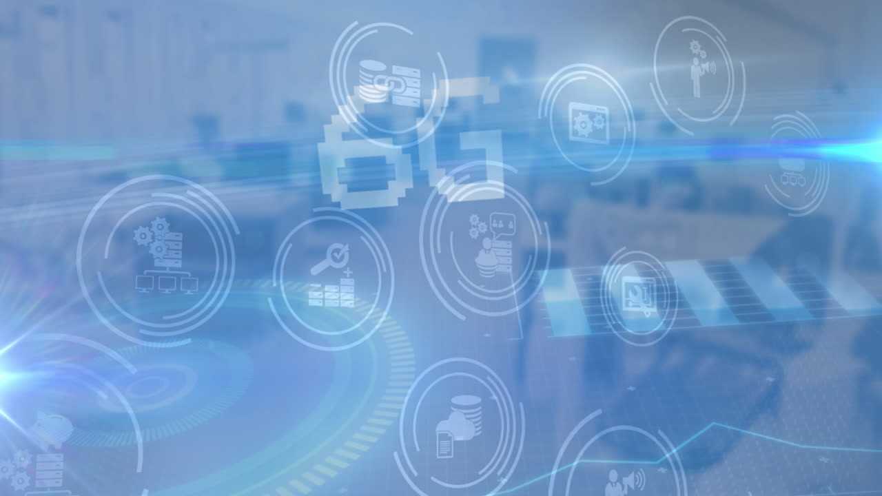 punto de luz y múltiples iconos digitales flotando contra la oficina vacía en el fondo