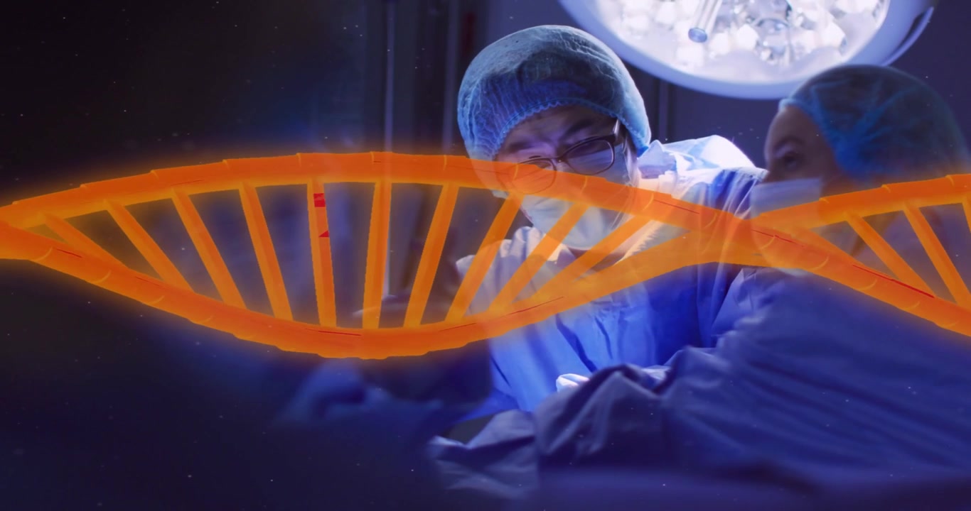 Chirurgo cinese che pratica un'incisione sotto una lampada, avviando un'animazione a doppia elica del DNA che cerca dati genetici.