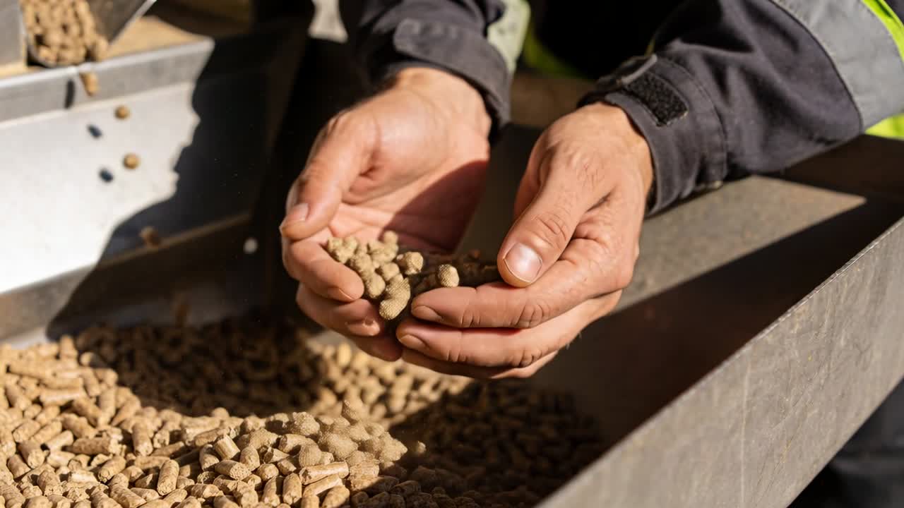 Lifting worker's bare hands cupping wood pellets over hopper, checking pellet size, reflective cuff