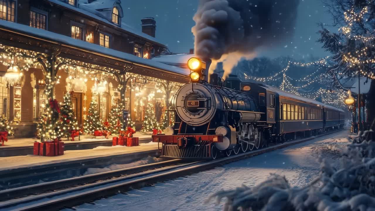 Festive train station at night, snow falling, decorated with lights and trees