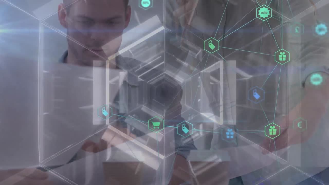 animación de iconos de los medios sobre gente de negocios caucásica hablando