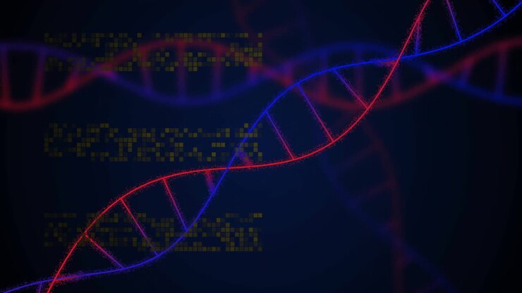 Animation of dna strands over moving columns on black background