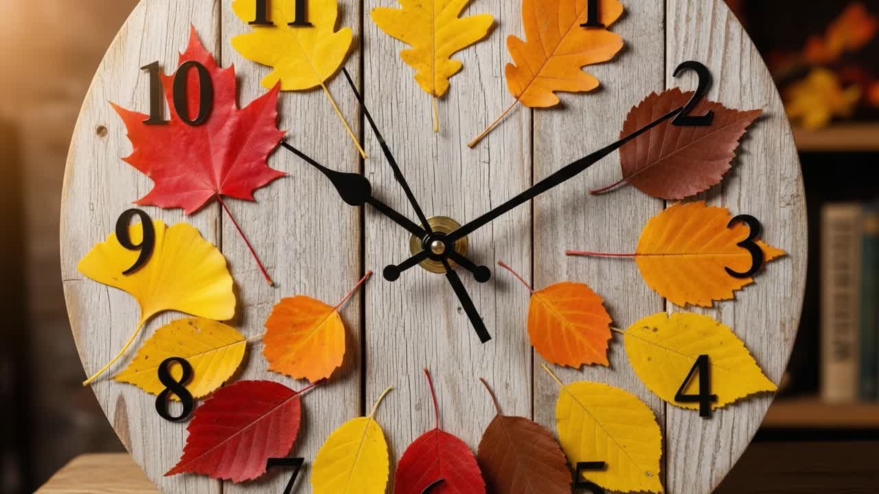 A Beautiful Autumn-Themed Clock Adorned with Colorful Leaves Showcasing the Essence of Fall Time in a Cozy Setting