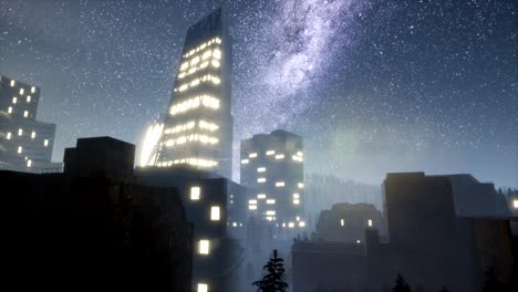 city skyscrapes at night with milky way stars