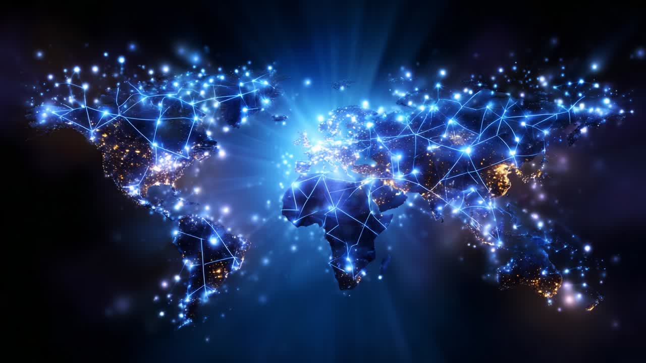 A Glimpse of a Digitally Connected World Map Illuminated with Bright Network Connections, Representing Global Interconnectivity and the Advancement of Technology in Our Modern Society