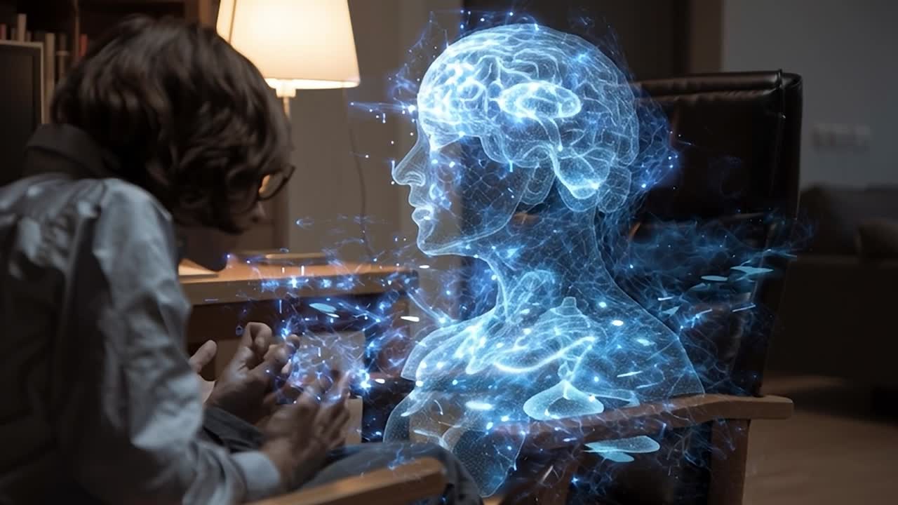 Virtual interaction with holographic AI representation in modern workspace