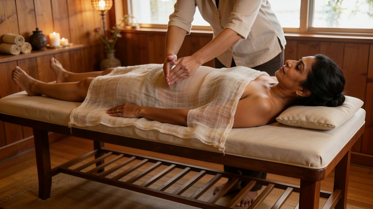 Terapeut placerer hænderne og udfører mavemassage på klient under et linnedklæde i en spa for lindring