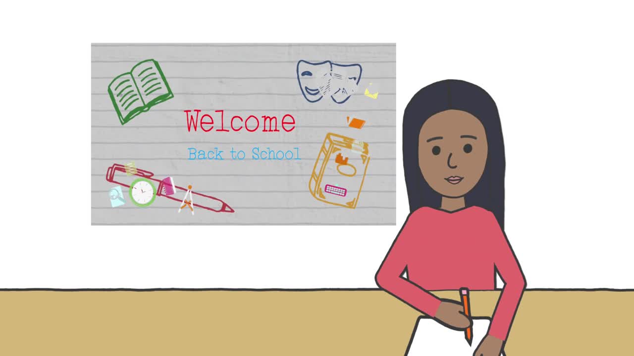 Animation of back to school text over student writing icon