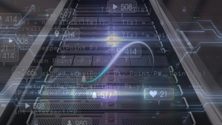 Animation of infinity loop over data processing and computer motherboard and servers