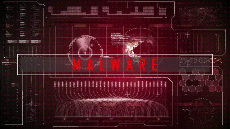 Animation af malware-tekst over databehandling og globus