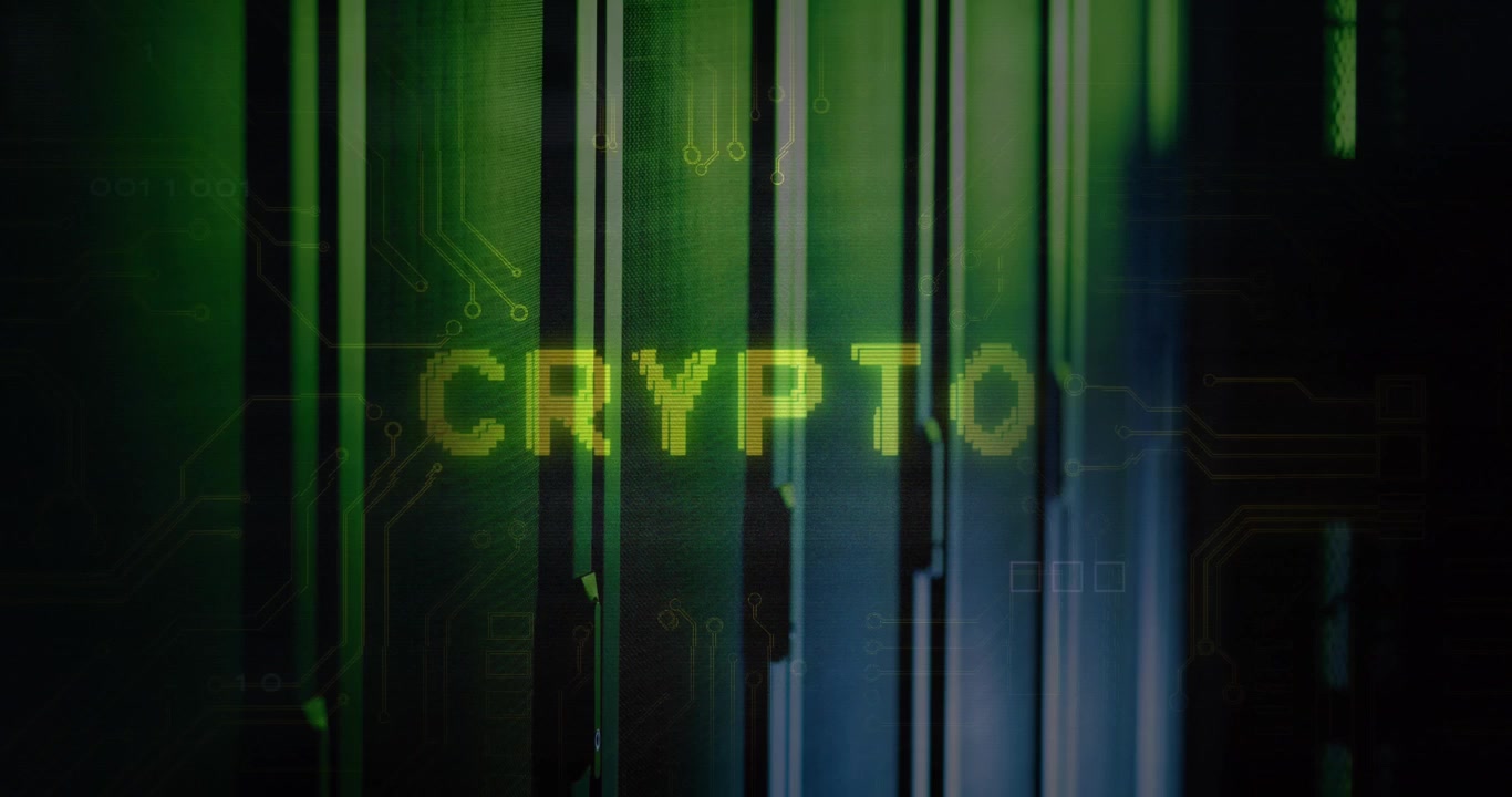 Animation of crypto text over data processing and computer servers