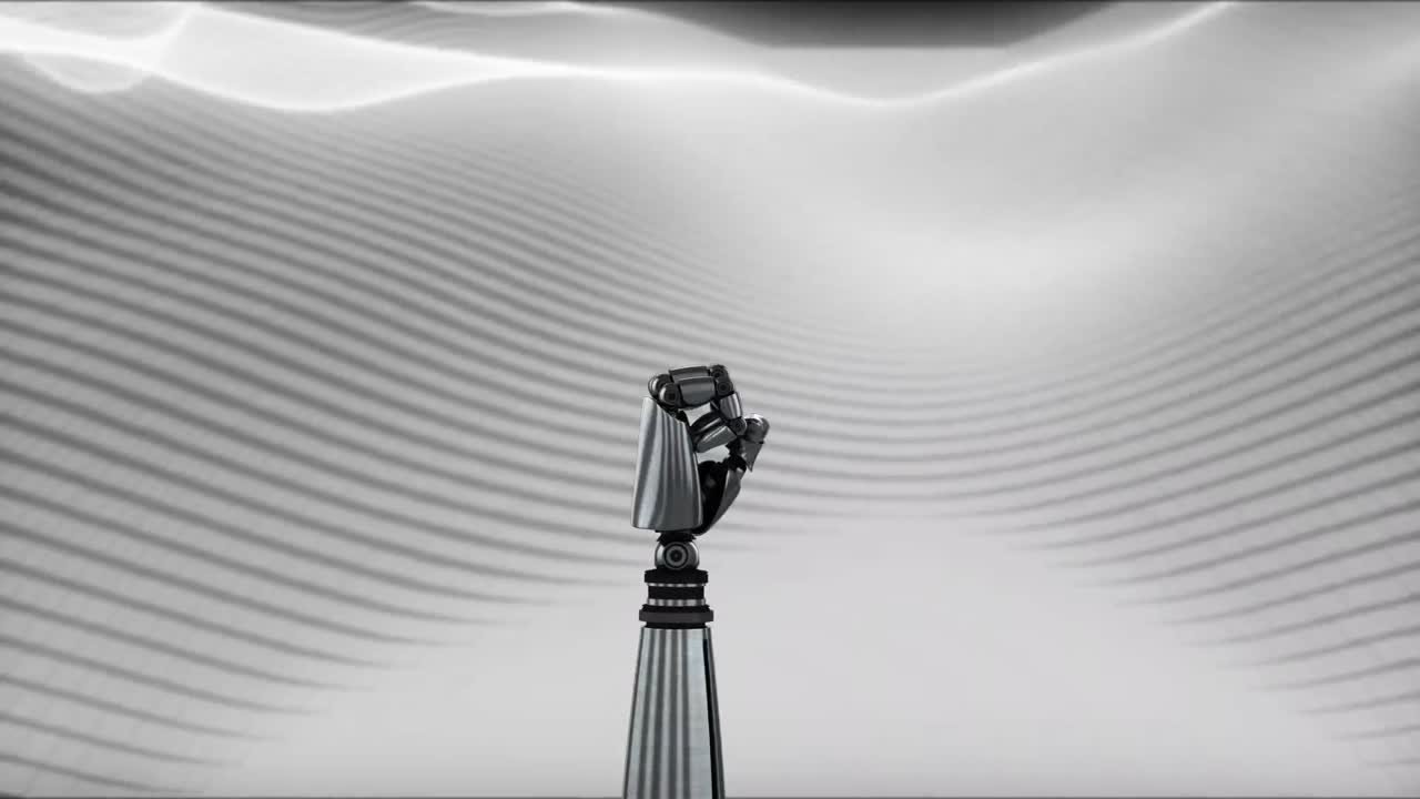 Animation of robot's metallic hand spinning over grey waves