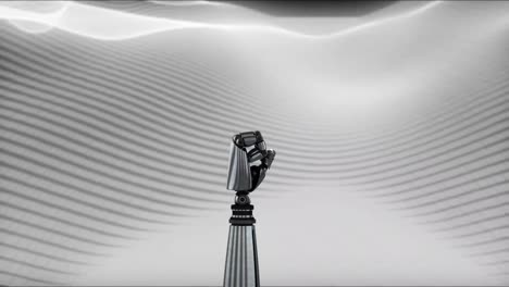 Animation-of-robot's-metallic-hand-spinning-over-grey-waves
