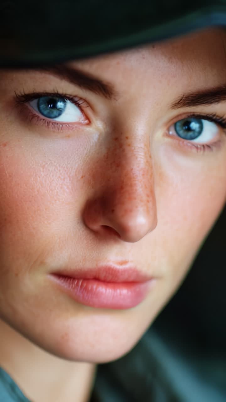 Close-up of a young woman with striking blue eyes and a natural complexion, wearing a hat, emphasizing her features and expression in a captivating portrait