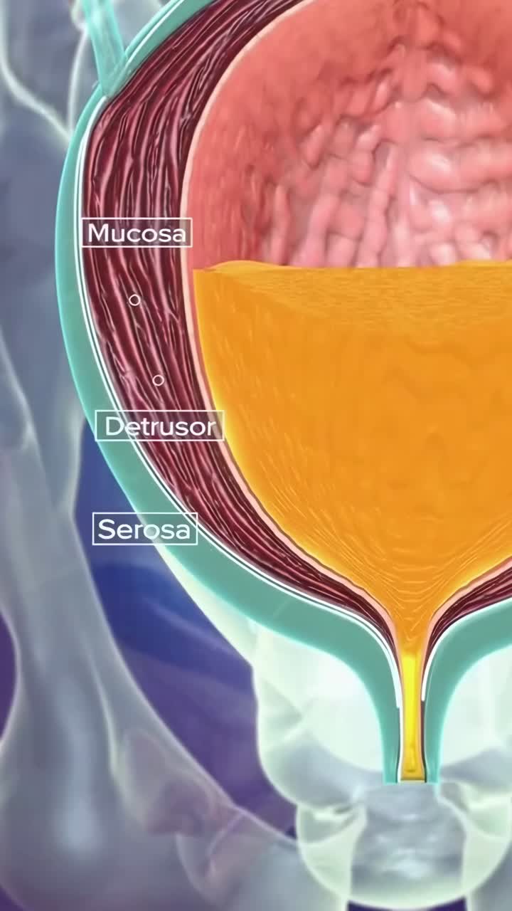 Medical video still showing a 3D anatomical view of the pelvic region from a frontal angle