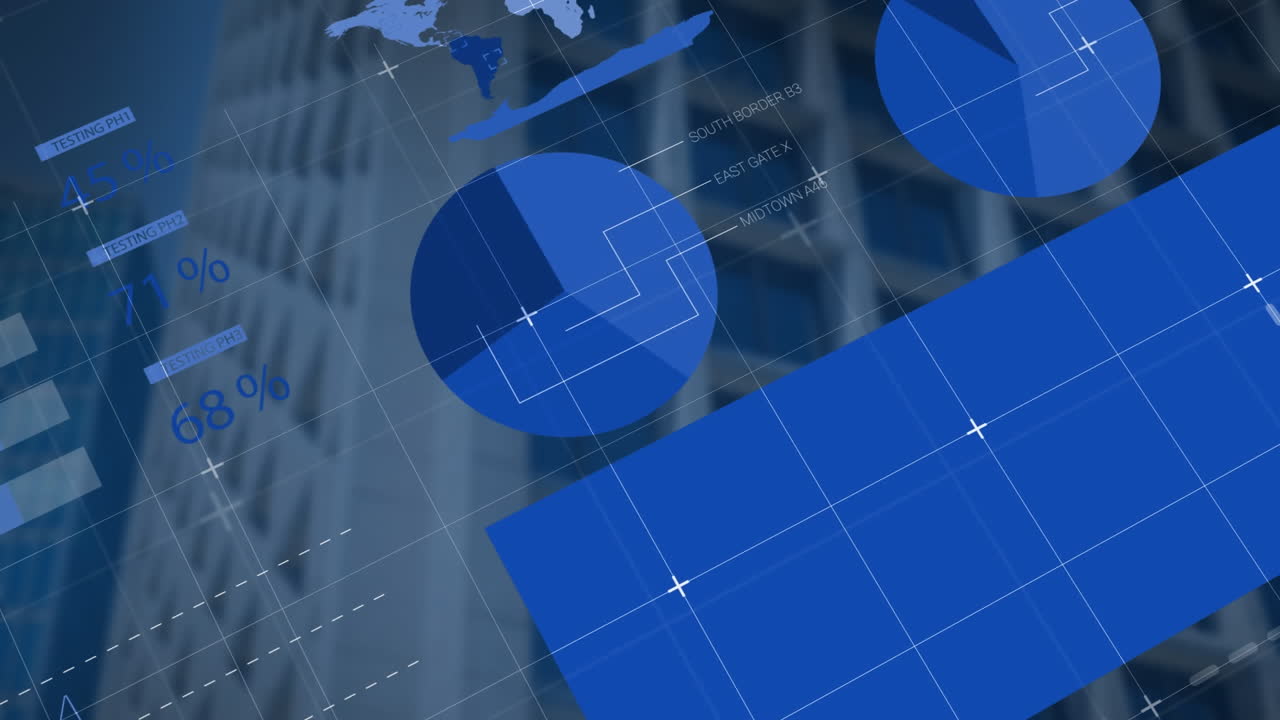 Animation of infographic interface against buildings in background