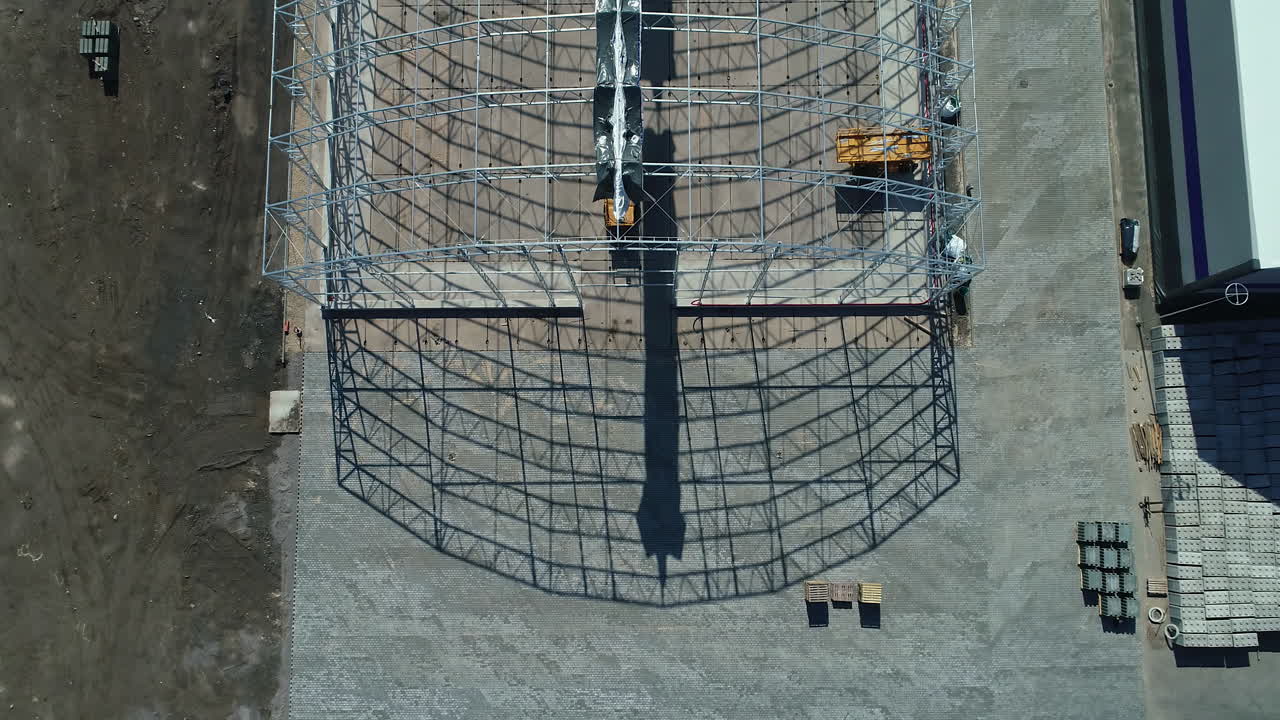 Grain warehouse frame made of steel for construction, aerial drone view