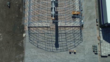 grain warehouse frame made of steel for construction, aerial drone view