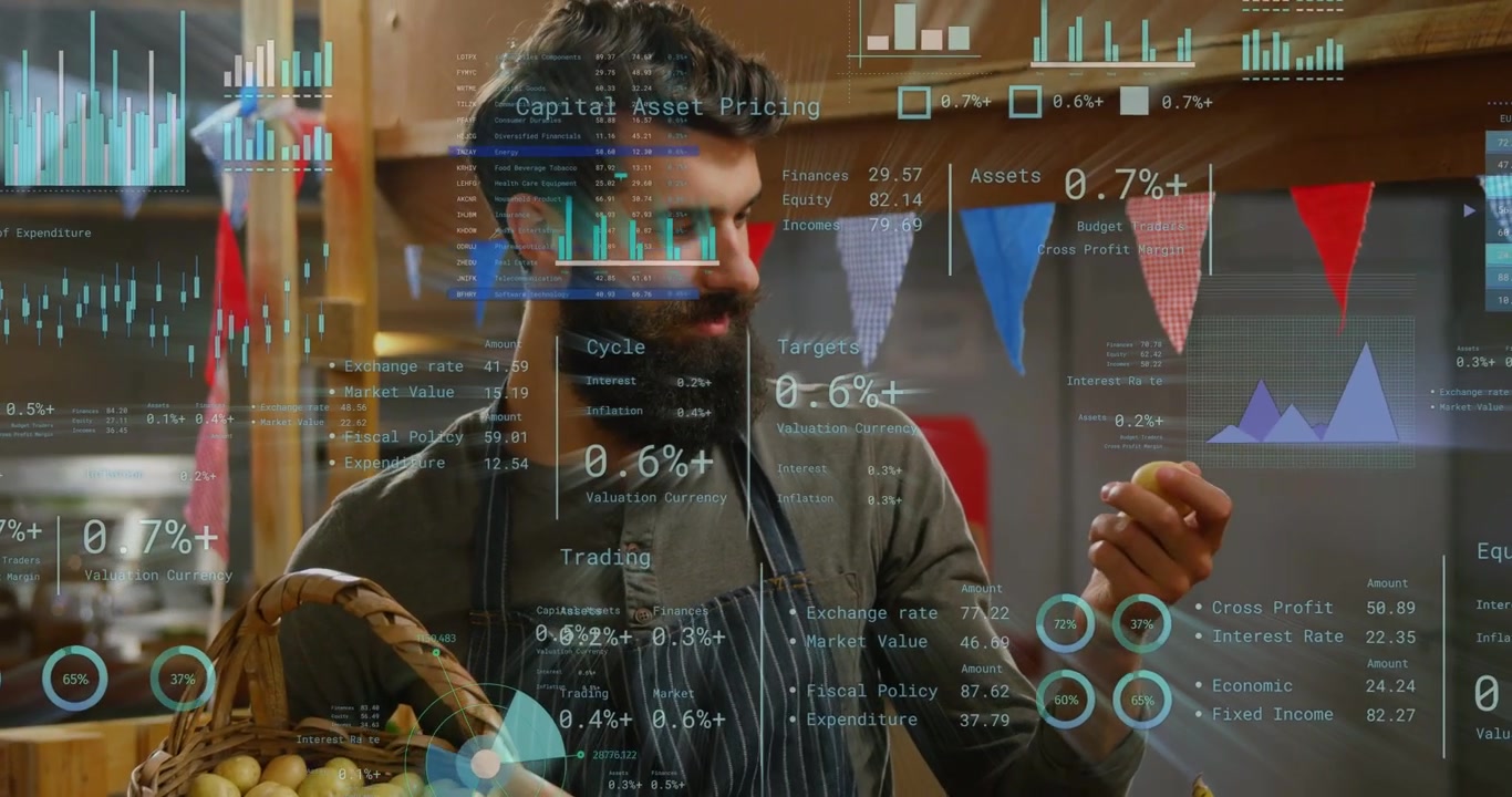 Male vendor reaching into basket checking potato for sale as finance charts overlaying over vendor