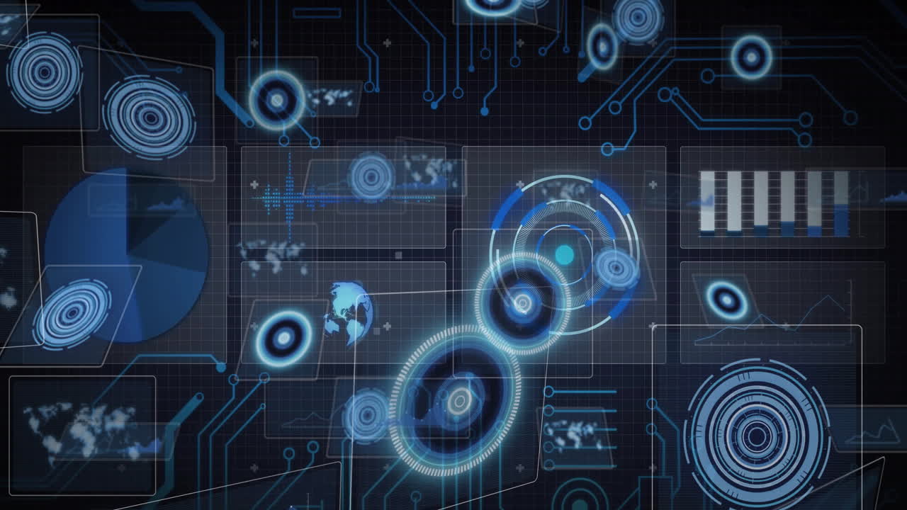 Glowing blue circuits and data visualization elements in futuristic digital animation