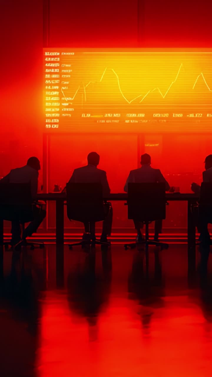 A team of business professionals engaged in strategic discussions as market data displays dramatic trends in an intense, vividly lit conference room environment