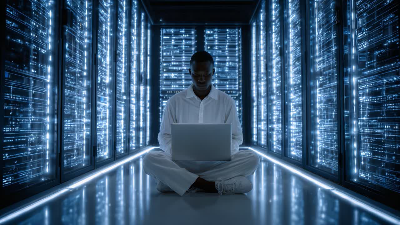 A focused individual sitting cross-legged in a high-tech data center, engaging with a laptop amidst rows of illuminated server racks, showcasing modern technology and concentration