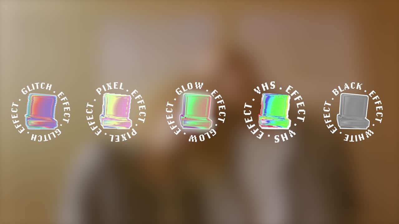 Iconos holográficos animados con efectos digitales retro