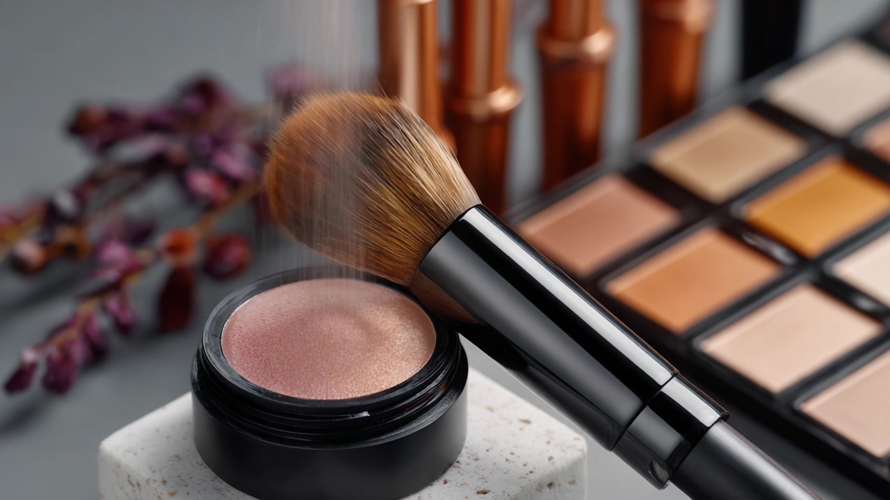 Elegant Makeup Setup Featuring Blush, Brushes, and an Array of Stylish Cosmetic Products Captured in a Sophisticated and Artistic Arrangement