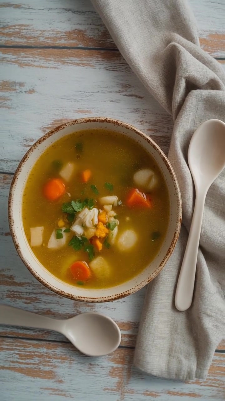 Tigela de sopa de legumes caseira em uma mesa de madeira rústica