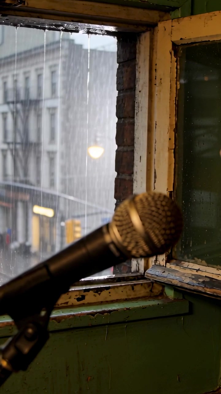 Video verticale: Cantante che si sporge e si avvicina al microfono in un angolo per le prove, preparandosi a cantare vicino alla finestra.