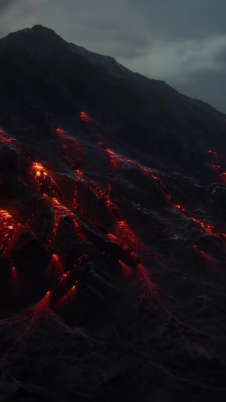 Video verticale: Allontanandosi, fessure di lava che scorrono lungo il pendio vulcanico, con crosta e pennacchi di cenere.