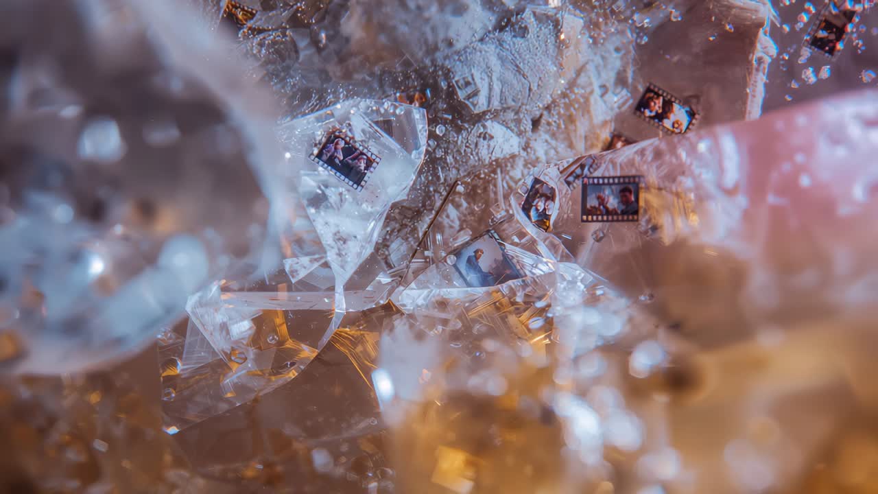 Shifting crumpled cluster following camera push, revealing film frames in macro closeup with drops