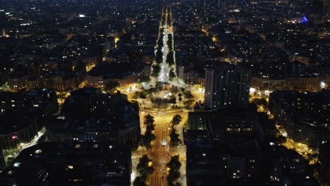 Barcelona-Aerial-view-of-Gran-Via-and-Passeig-Saint-Joan,-Tetuan-Square,-Spain