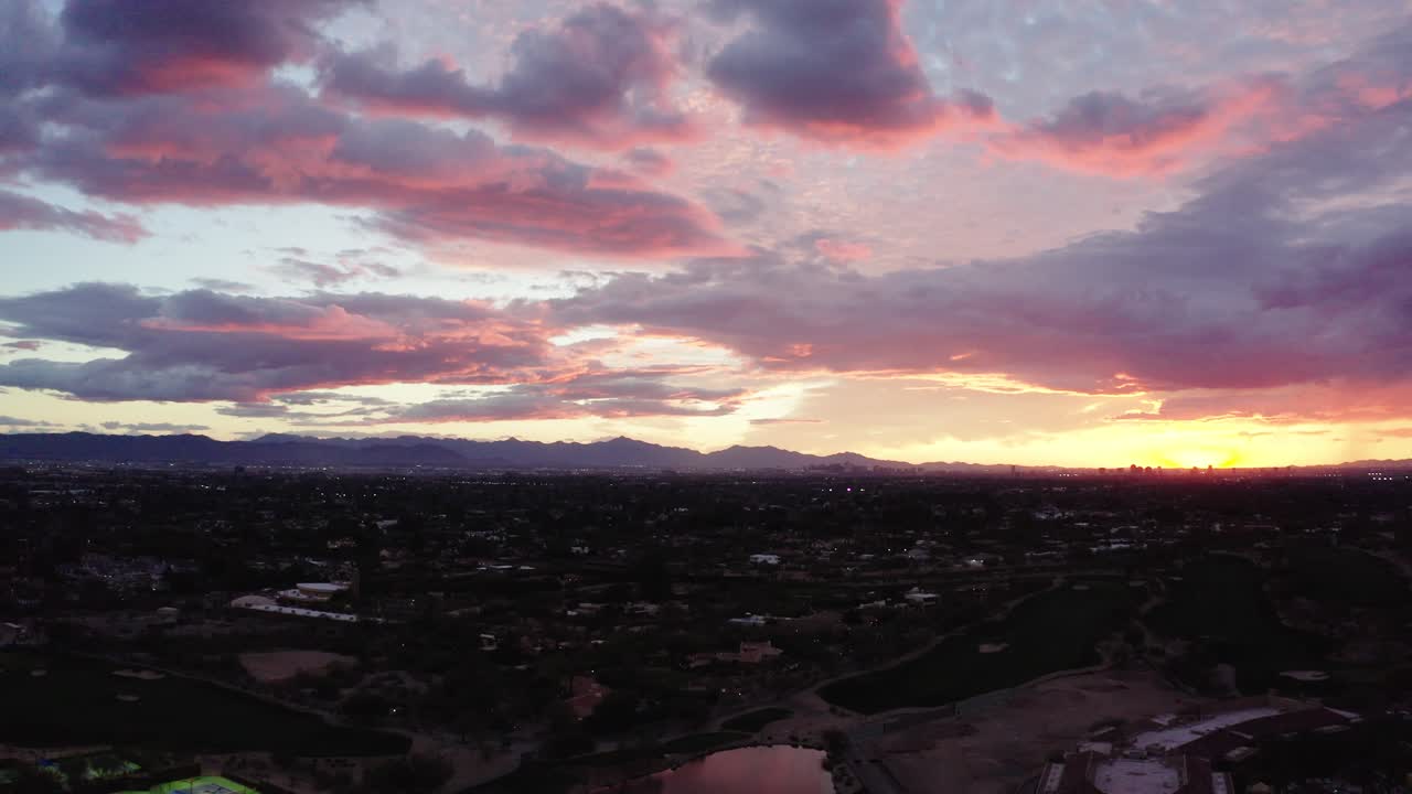 Drone shot over Scottsdale, Arizona during a beautiful sunset