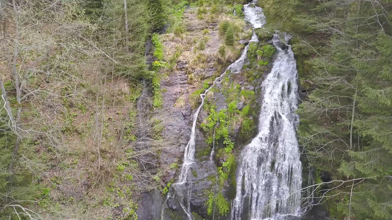 Lange hvite kaskader av vann strømmer nedover Rausor-fossen, med et frodig grønt landskap som rammer inn fossen.