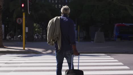 rear view of african american senior man with trolley bag crossing the road