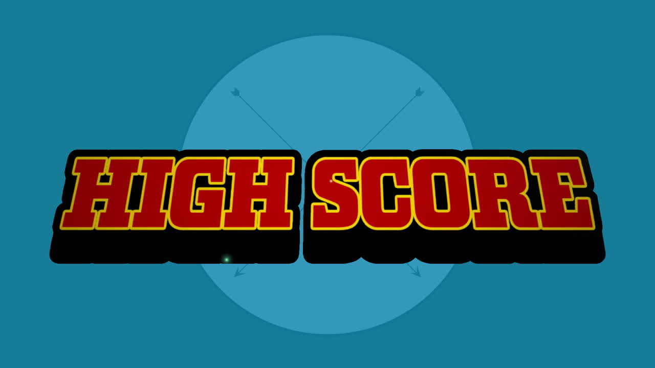 Text animation of high score over blue background with arrows