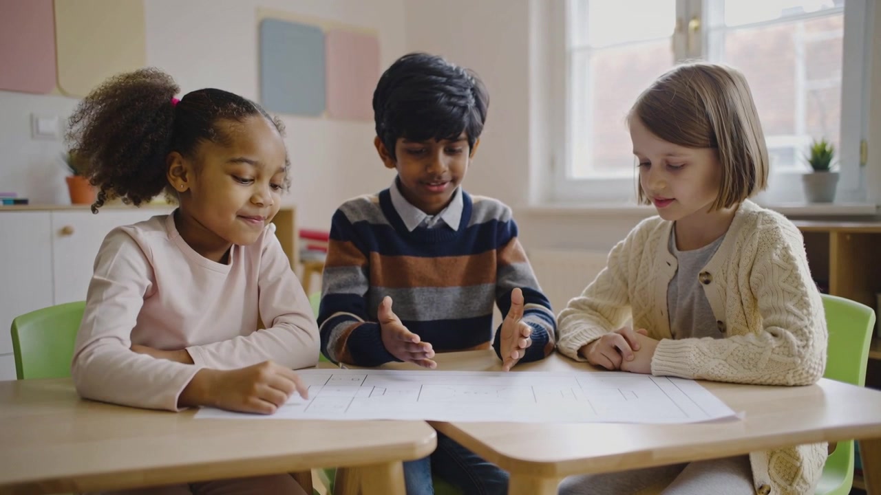 Pointing left girl guiding group at classroom table, writing on worksheet with pencil