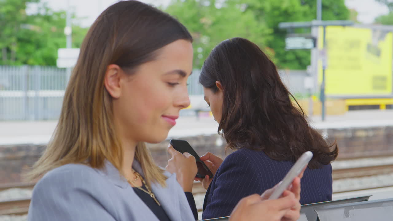 dos mujeres de negocios que viajan a trabajar esperando el tren en la plataforma de la estación mirando teléfonos móviles