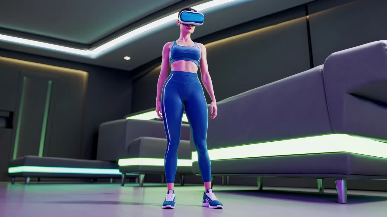 Woman Wearing VR Headset for Fitness in Modern Interior