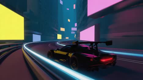 Car racing through a neon-lit city at night