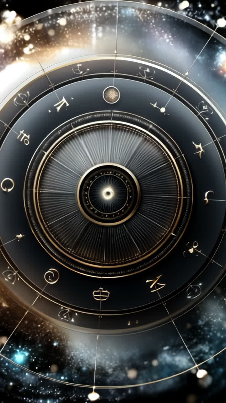 Zodiac signs in space. Cosmic backdrop features a detailed astrological wheel with shimmering elements and zodiac symbols under a starry sky.
