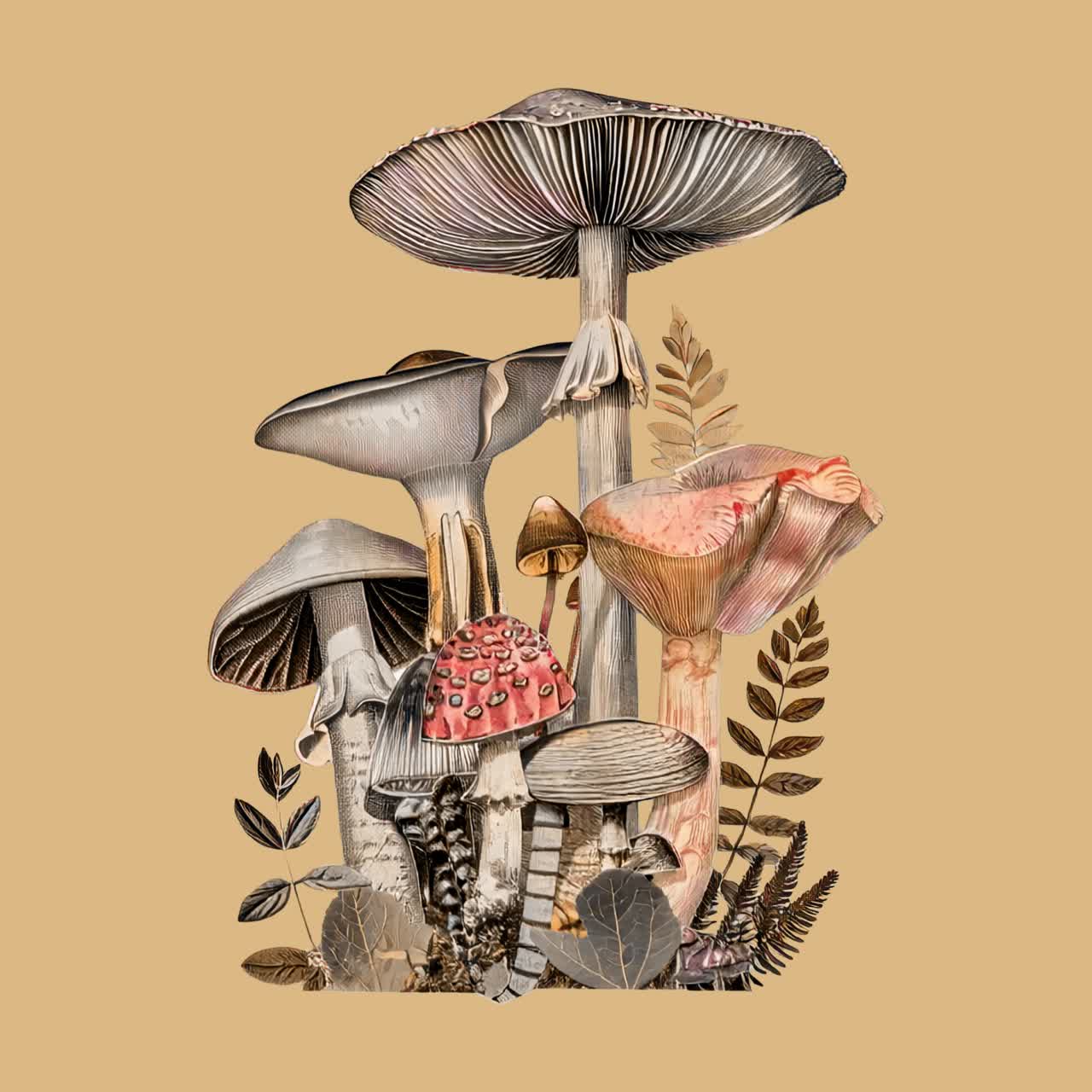Hand drawn mushrooms animation isolated asset, transparent 4K video, alpha channel, ProRes 4444