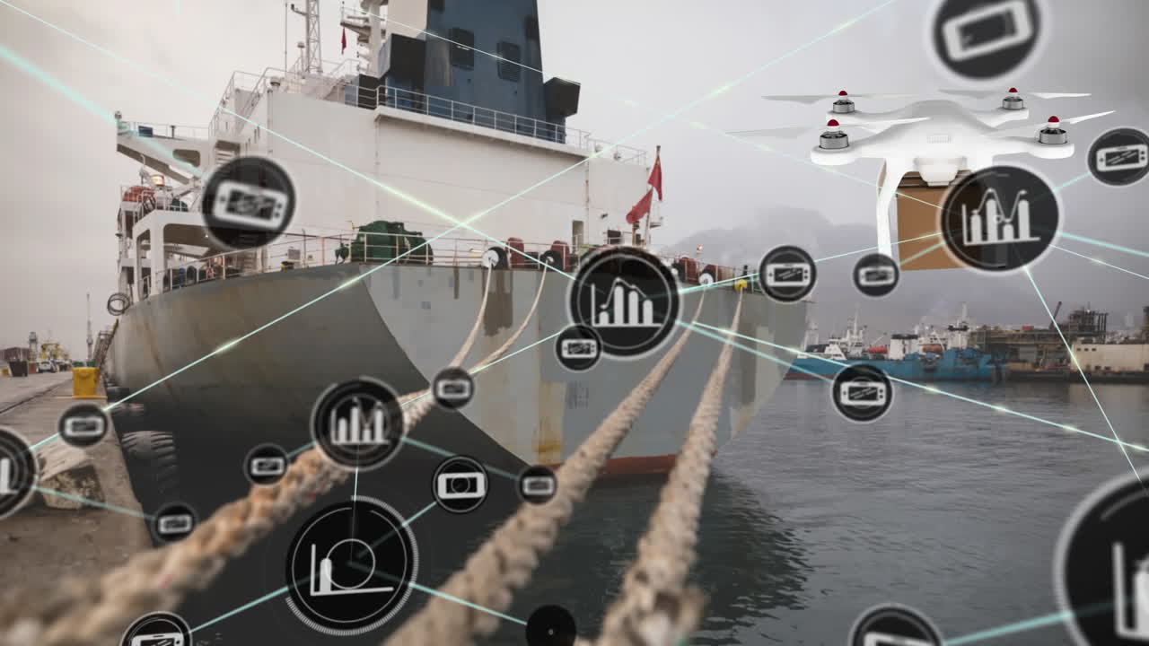 Animación de una red de iconos digitales sobre un dron transportando una caja de entrega en un puerto.