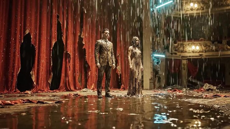 Una Scena Drammatica di Due Figure in Piedi in un Teatro Inondato dalla Pioggia, Circondate da Tende Rosse e un Palcoscenico Allagato, Catturando un Momento di Tensione ed Emozione